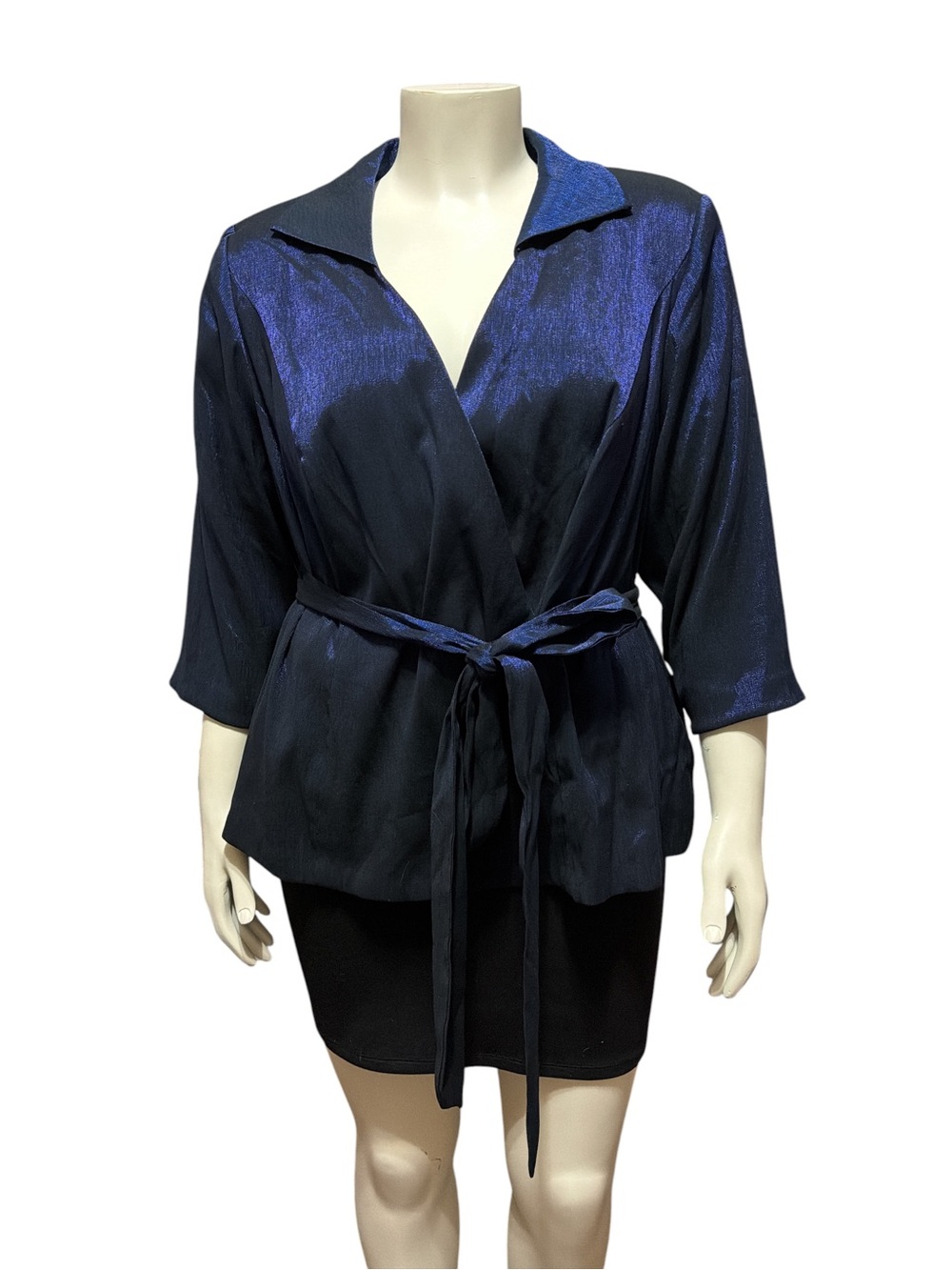 NWT Alex Evenings 2X Dark Royal Blue Shimmer Metallic Wrap Top Belted $169